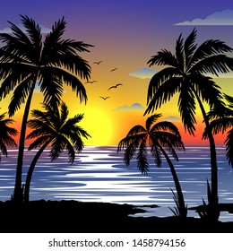 Tropical  landscape with  palms. Palm trees at sunset or moonlight. Exotic seascape. Tourism and travelling. Vector flat design