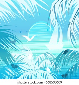 Tropical landscape. Palms, sun, yacht, flying seagull and butterflies. Summer card/poster