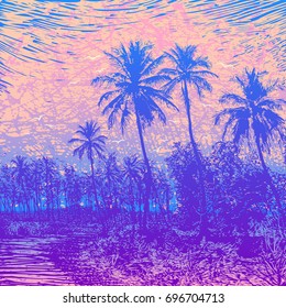 Tropical Landscape With Palms Trees and Abstract Ink-drawn Background. Vector Illustration.