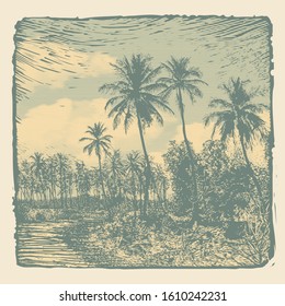 Tropical landscape with palms trees and clouds, retro engraving style. vector illustration