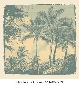 Tropical landscape with palms trees and clouds, retro engraving style. vector illustration
