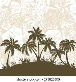 Tropical Landscape, Palms Trees and Grass Silhouettes on a Grungy Background of Masonry. Vector