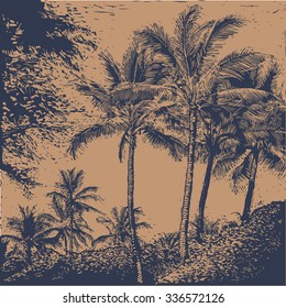 tropical landscape with palms trees.  linocut style. vector illustration.