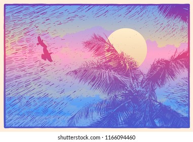 Tropical Landscape With Palms Trees, Two Birds And Sun. Linocut Style. Vector Illustration.