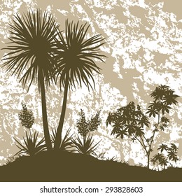 Tropical Landscape, Palms Trees, Yucca Flowers, Castor Bush and Grass Brown Silhouettes on Abstract Grunge Background. Vector