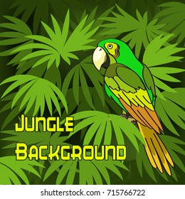 Tropical Landscape, Parrot on Green Leaves Exotic Plants. Vector