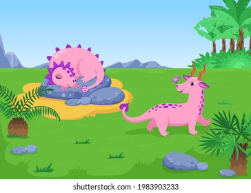 Tropical landscape with pink dinosaurs cartoon illustration. Animal sleeping curling up in ball. Funny dino having fun with bird. Illustration for children. Nature concept.