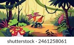 Tropical landscape with predatory plants. Monster flowers, carnivorous scary flora, alien planet dangerous nature. Creepy alien background, cartoon flat style isolated tidy vector concept