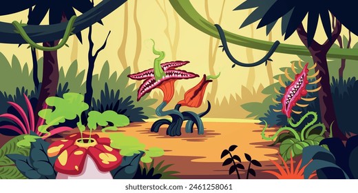 Tropical landscape with predatory plants. Monster flowers, carnivorous scary flora, alien planet dangerous nature. Creepy alien background, cartoon flat style isolated tidy vector concept