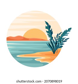 Tropical Landscape with Rising Sun and Sandy Beach with Flora in Circle Closeup Vector Illustration