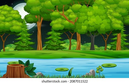 Tropical landscape with a river and trees at night