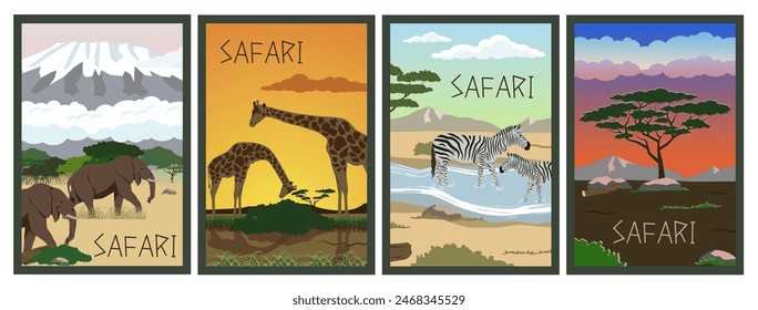 Tropical landscape. Safari art frames. Wallpaper of jungle animals. Safari vector. EPS 10.