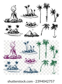 Paisajes tropicales, volcán, islas, montañas, palmeras. Esbozos dibujados a mano convertidos en vector. Elementos de diseño aislados