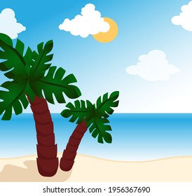 Tropical landscape sea background card coconut palm tree colorful flat illustration