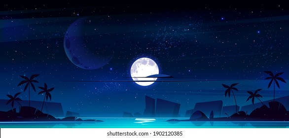 Tropical landscape with sea bay at night. Vector cartoon illustration of seascape with sand beach, silhouettes of palm trees and mountains on horizon, moon and stars in sky