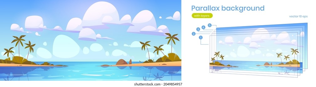 Tropical landscape with sea bay and palm trees on beach. Vector parallax background for 2d animation with cartoon illustration of summer seascape with lagoon or harbor and sand shore