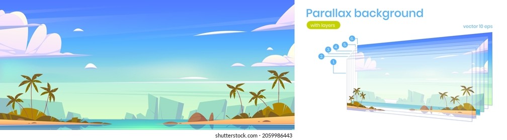 Tropical landscape with sea bay, palm trees on beach and mountains on horizon. Vector parallax background for 2d animation with cartoon summer seascape with lagoon, rocks and sand shore