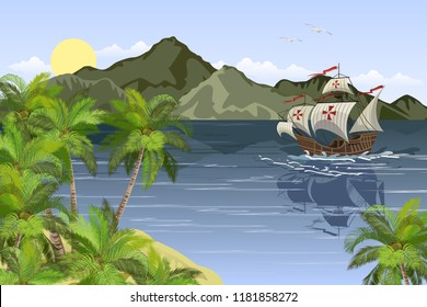 Tropical landscape with sea bay, sailing ship, mountains and palms, vector illustration.