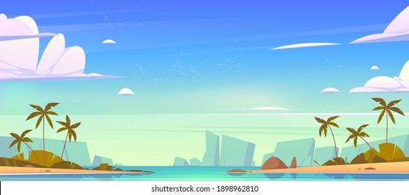 Tropical landscape with sea bay, sand beach, palm trees and mountains on horizon. Vector cartoon illustration of summer seascape with islands or shore of lagoon
