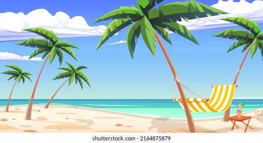 Tropical landscape with sea bay, sand beach, palm trees and clouds on horizon vector illustration