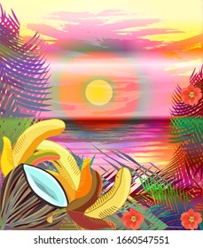 Tropical landscape with sea, flowers and fruits. For travel agencies. For summer design