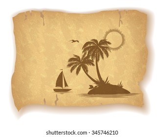 Tropical Landscape, Sea Island with Palm Trees, Ship, Sun and Bird Gull Silhouettes on Vintage Background of an Old Sheet of Paper. Eps10, Contains Transparencies. Vector