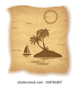 Tropical Landscape, Sea Island with Palm Trees, Ship, Sun and Bird Gull Silhouettes on Vintage Background of an Old Sheet of Paper