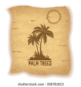 Tropical Landscape, Sea Island with Palm Trees and Grass, Sun, Bird Gull and Inscription Silhouettes on Vintage Background of an Old Sheet of Paper. Eps10, Contains Transparencies. Vector