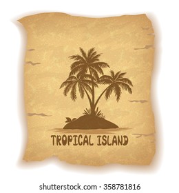 Tropical Landscape, Sea Island with Palm Trees and Grass Silhouettes on Vintage Background of an Old Sheet of Paper. Eps10, Contains Transparencies. Vector