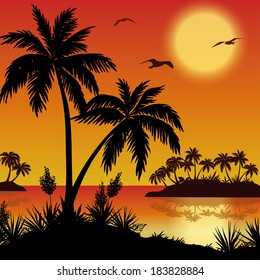 Tropical landscape, sea islands with palm trees, flowers, sun and birds gulls, black silhouettes on red - yellow background. Eps10, contains transparencies. Vector