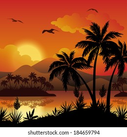 Tropical landscape, sea islands with palm trees, flowers, mountain, clouds, sun and birds gulls, black silhouettes on red - yellow background. Eps10, contains transparencies. Vector