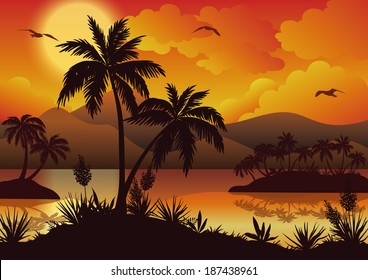 Tropical landscape, sea islands with palm trees, flowers, mountain, clouds, sun and birds gulls, black silhouettes on red - yellow background. Eps10, contains transparencies. Vector