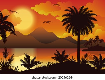 Tropical landscape, sea islands with palm trees, flowers, mountain, clouds, sun and birds gulls, black silhouettes on red - yellow background. Eps10, contains transparencies. Vector