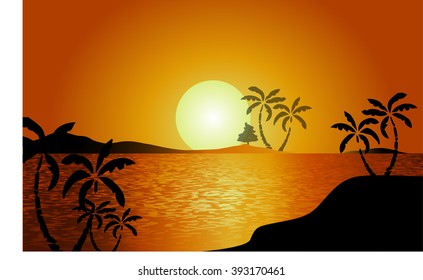 Tropical landscape, sea islands with palm trees, flowers, mountain, clouds, sun and birds gulls, black silhouettes on red - yellow background.