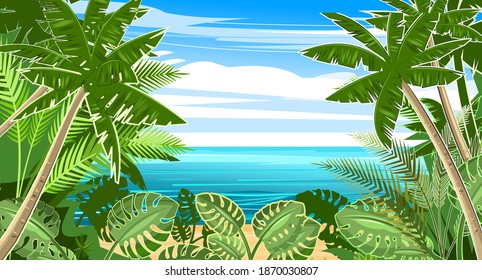 Tropical landscape with sea and jungle. Plant shrubbery and palms with blue sky background. Cartoon flat style. Mountains on the horizon. Background illustration. Vector