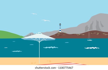 tropical landscape with sea, lighthouse on a cliff and beach with umbrella, under blue sky with flying seagull - vector