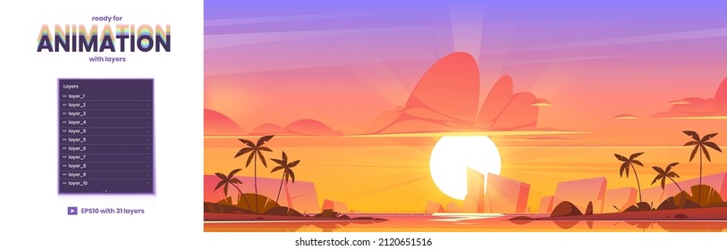 Tropical landscape with sea and palm trees on sand beach at sunset. Vector parallax background ready for 2d animation with cartoon summer scene with lagoon, mountains and sun on horizon at evening