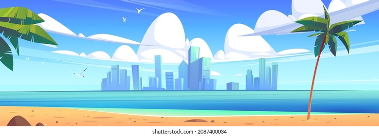Tropical landscape with sea, sand beach, palm trees and city buildings on horizon. Vector cartoon illustration of summer seascape with town skyscrapers on island on skyline