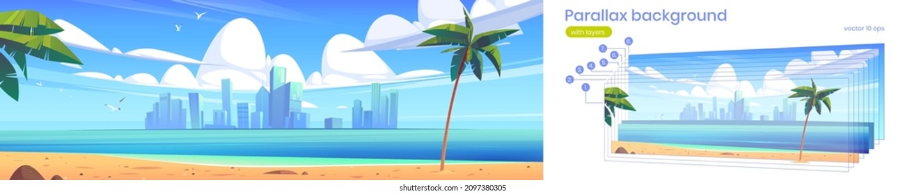 Tropical Landscape With Sea, Sand Beach And City On Horizon. Vector Parallax Background For 2d Animation With Cartoon Illustration Of Summer Seascape With Palm Trees And Town Buildings On Skyline