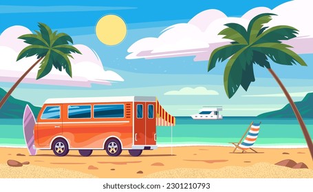 Tropical landscape with sea, sandy beach, palm trees, blue sky, camper van, deck chair, surfboard, yacht. Vector illustration in cartoon flat style. Summer vacation and travel concept.