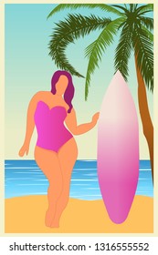Tropical landscape. Sea landscape. Summer background. Girl with surfing board. Flat style illustration. Palm trees. Summer background. Vector illustration