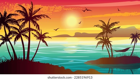 Tropical landscape with sea, sunset and palm trees. Abstract landscape. Tropical paradise island. Vector illustration.