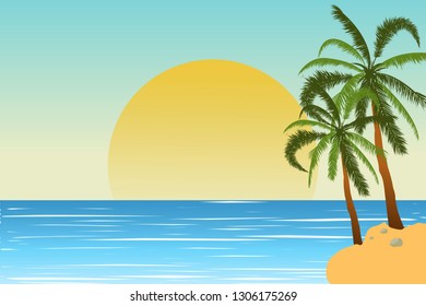 Tropical landscape. Seascape. Summer background. Palm trees in flat style. Vector illustration