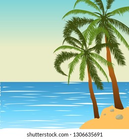 Tropical landscape Seascape Summer background. Palm trees in flat style. Vector illustration.