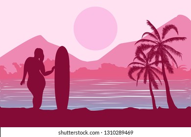 Tropical landscape. Seascape. Summer background. Girl with surfing board. Flat style illustration. Palm trees silhouette. Vector illustration