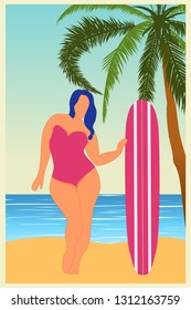 Tropical landscape. Seascape. Summer background. Girl with surfing board. Flat style illustration. Palm trees in flat style. Vector illustration