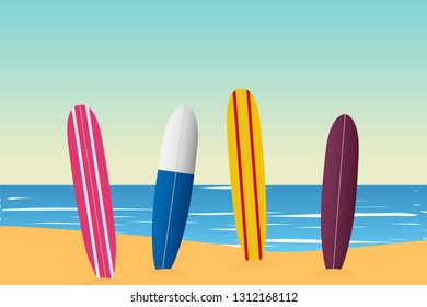 Tropical landscape. Seascape. Summer background. Surfing boards. Flat style illustration. Vector illustration 