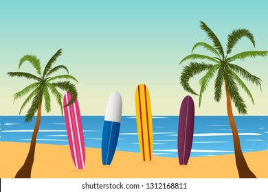 Tropical landscape. Seascape. Summer background. Surfing board. Flat style illustration. Palm trees in flat style. Vector illustration 