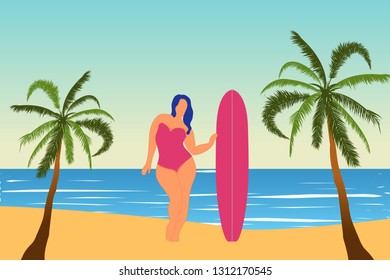 Tropical landscape. Seascape. Summer background. Girl with surfing board. Flat style illustration. Palm trees in flat style. Vector illustration 

