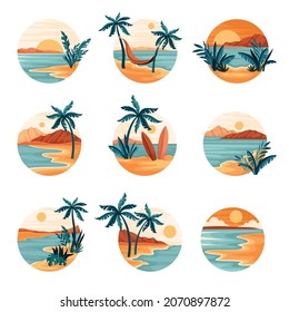Tropical Landscape with Shining Sun and Sandy Beach with Palm Tree in Circle Vector Set